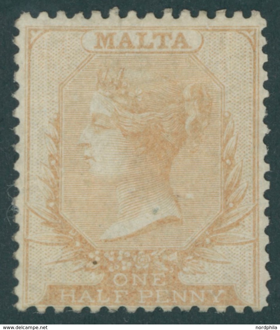 MALTA 1x *, 1863, 1/2 P. Mattbraun, Weißes Papier, Ohne Wz., Falzreste, Feinst, Mi. 800.- - Malta