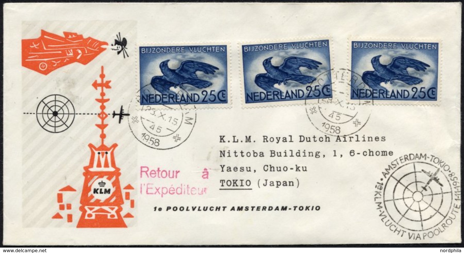 NIEDERLANDE 630 BRIEF, 28.10.58, KLM Erstflug AMSTERDAM-NORDPOL-TOKIO, Pracht - Autres & Non Classés