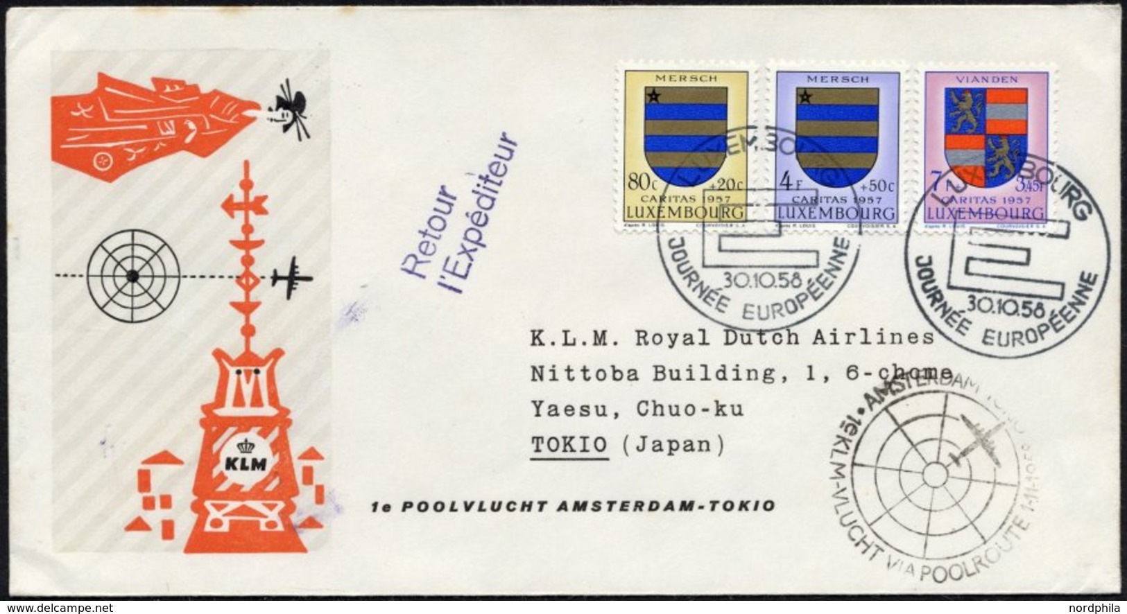 NIEDERLANDE 30.10.58, KLM Erstflug über Die Nordpolroute AMSTERDAM-TOKIO (Luxemburg-Zuleitung Mi.Nr. 576,579/80), Pracht - Otros & Sin Clasificación