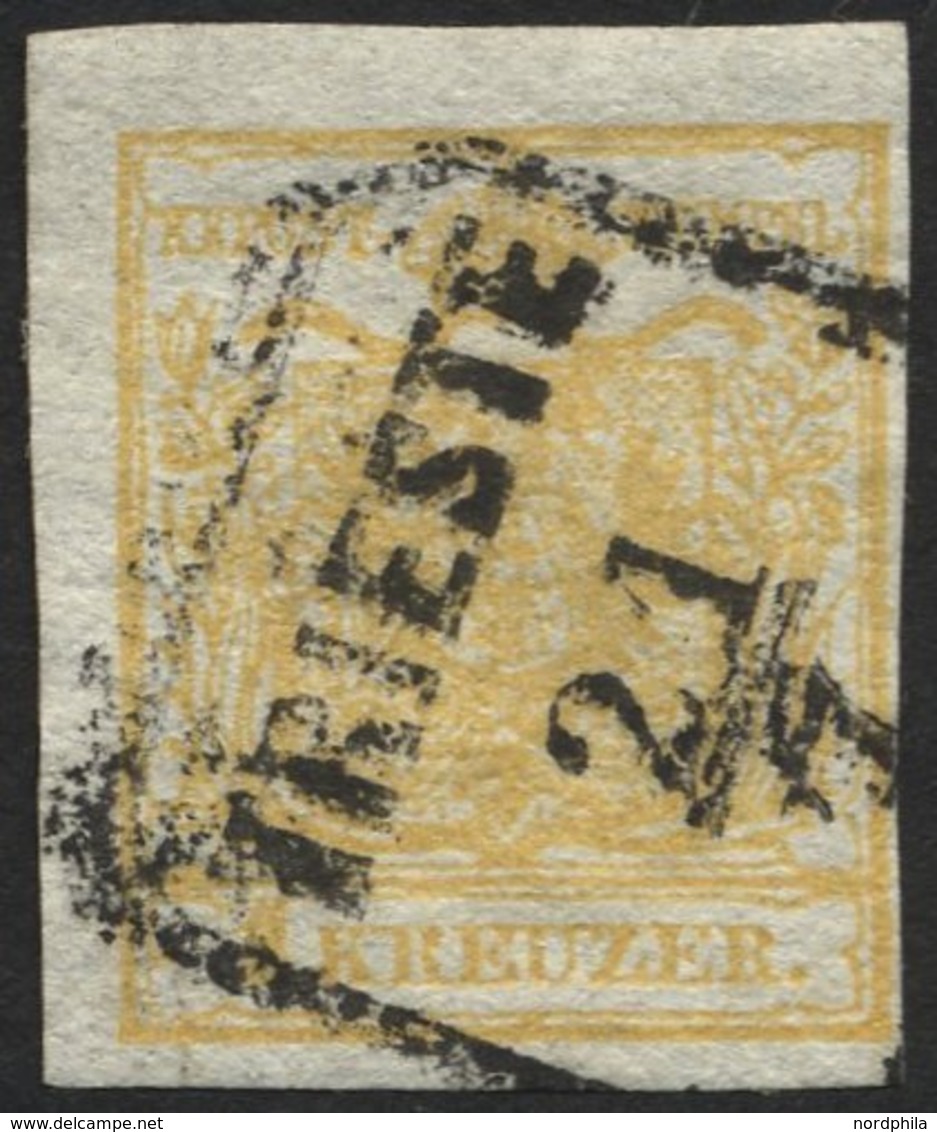 ÖSTERREICH 1XaDG O, 1850, 1 Kr. Gelb, Handpapier, Doppelseitiger Druck, Stempel TRIESTE, Pracht, Mi. 180.- - Autres & Non Classés