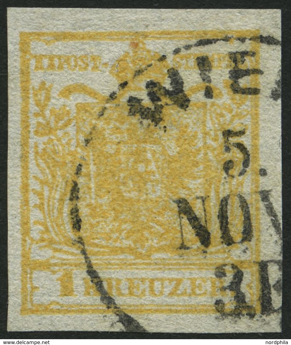 ÖSTERREICH 1XaDG O, 1850, 1 Kr. Ockergelb, Handpapier, Mit Zartem Doppelseitigen Druck, K1 WIEN, Pracht - Other & Unclassified