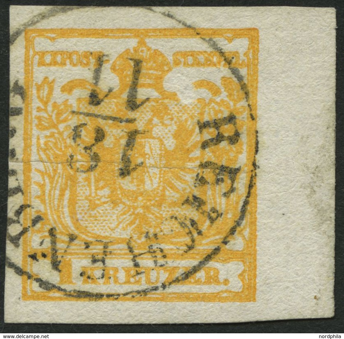 ÖSTERREICH 1Xb O, 1850, 1 Kr. Orange, Handpapier, Type III, Mit Rechtem Rand (6 Mm), K1 REICHENBURG, Waagerechter Bug So - Otros & Sin Clasificación