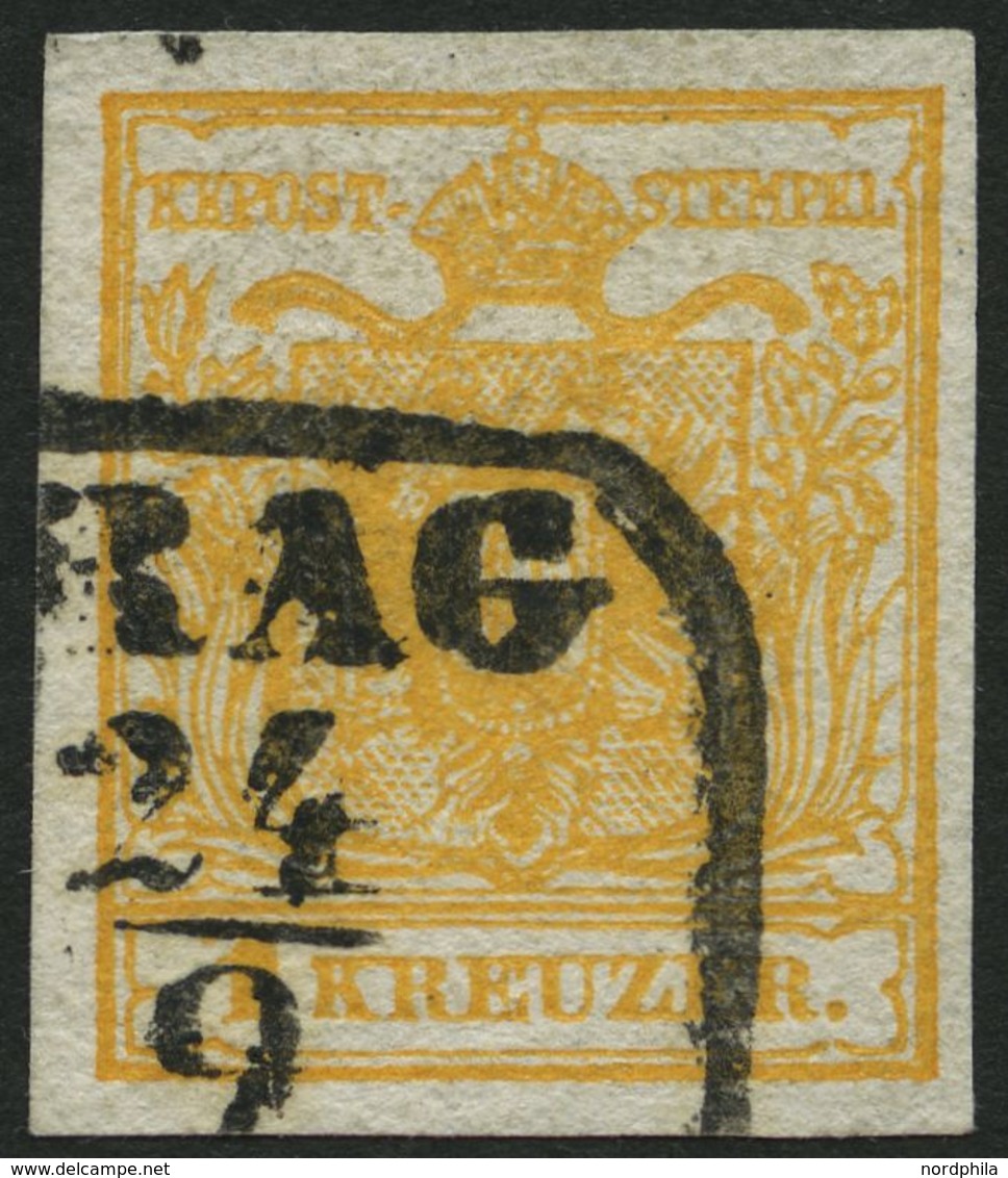 ÖSTERREICH 1Xb O, 1850, 1 Kr. Orange, Handpapier, Type III, R5 PRAG, Pracht, Gepr. Dr. Ferchenbauer - Sonstige & Ohne Zuordnung