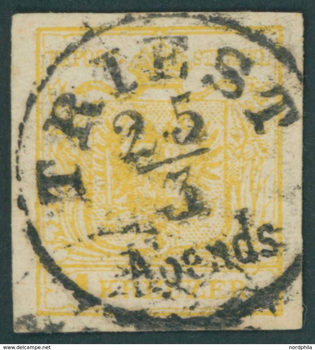 ÖSTERREICH BIS 1867 1Yd O, 1854, 1 Kr. Kadmiumgelb, Maschinenpapier, Type III, K1 TRIEST Abends, Pracht, Fotobefund Dr.  - Otros & Sin Clasificación