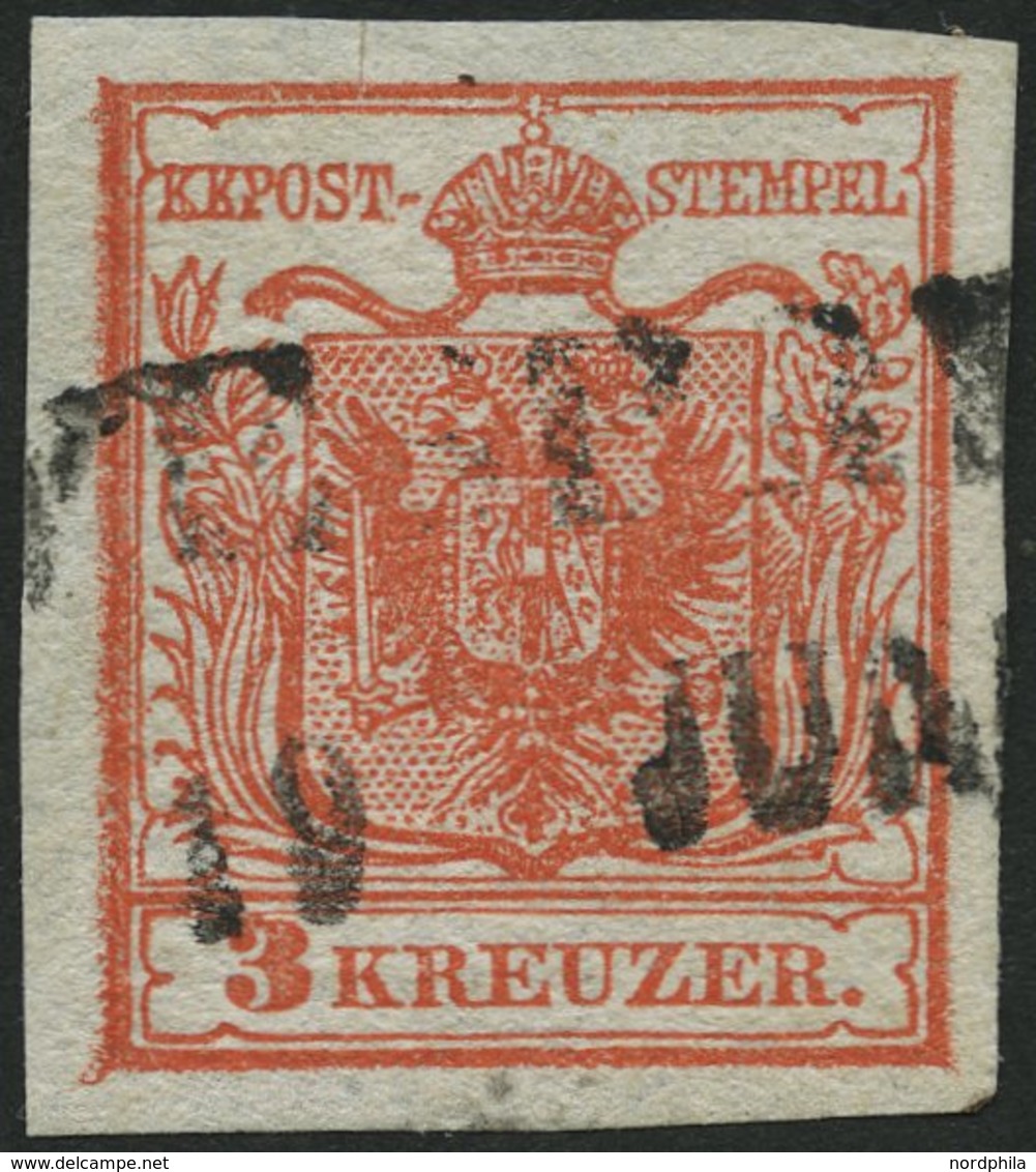ÖSTERREICH 3X O, 1850, 3 Kr. Rot, Handpapier, Randdruck Links, Mit Seltenem Ungarischen R2 WESPRI(M), Pracht - Other & Unclassified