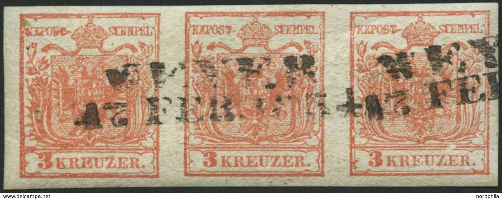 ÖSTERREICH 3Y O, 1854, 3 Kr. Rot, Maschinenpapier, Im Waagerechten Dreierstreifen, Mit Plattenfehler Innenrahmen Durchbr - Sonstige & Ohne Zuordnung