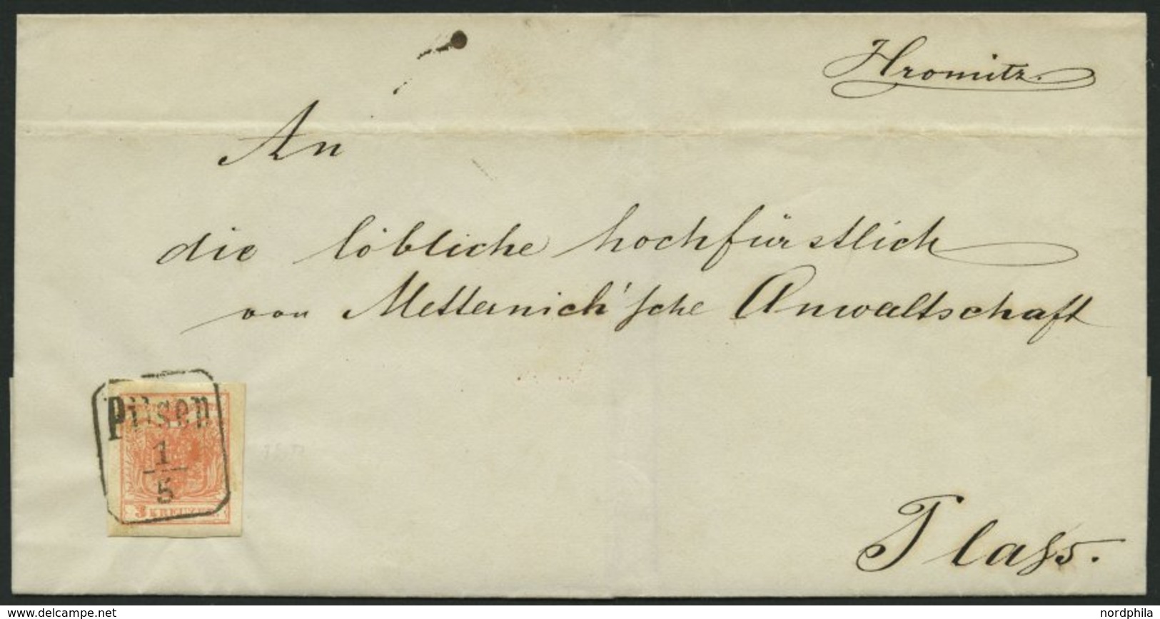 ÖSTERREICH 3Y BRIEF, 1858, 3 Kr. Rot, Maschinenpapier, Type IIIa, R3 PILSEN, Breitrandiges Prachtstück Auf Brief Nach Pl - Otros & Sin Clasificación