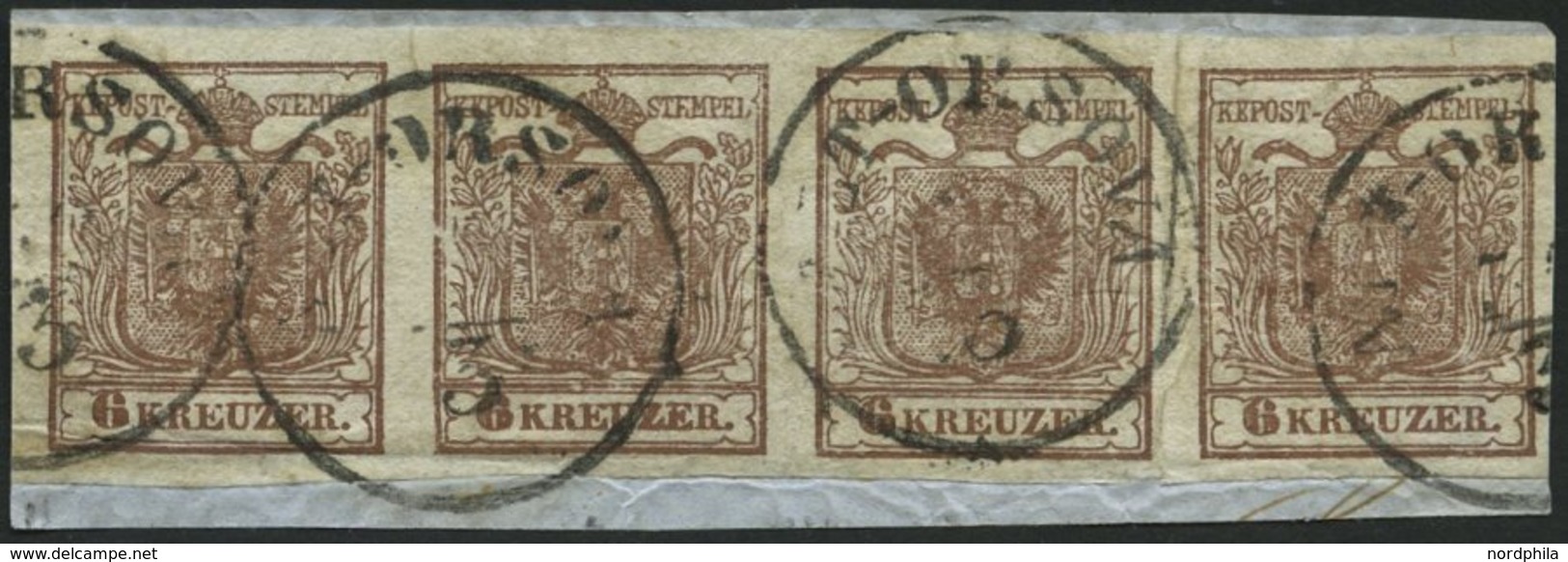 ÖSTERREICH 4X BrfStk, 1850, 6 Kr. Braun, Handpapier, Type Ia, Im Waagerechten Viererstreifen, 2. Marke Mit Plattenfehler - Sonstige & Ohne Zuordnung