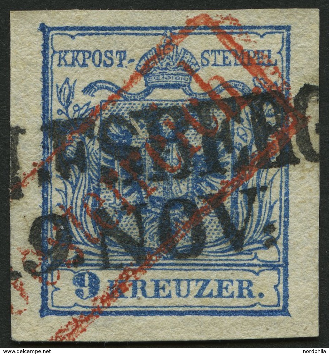 ÖSTERREICH 5X O, 1850, 9 Kr. Blau, Handpapier, Type IIIa, L2 Und Roter R1 Aus Österreich, Pracht, R! - Sonstige & Ohne Zuordnung