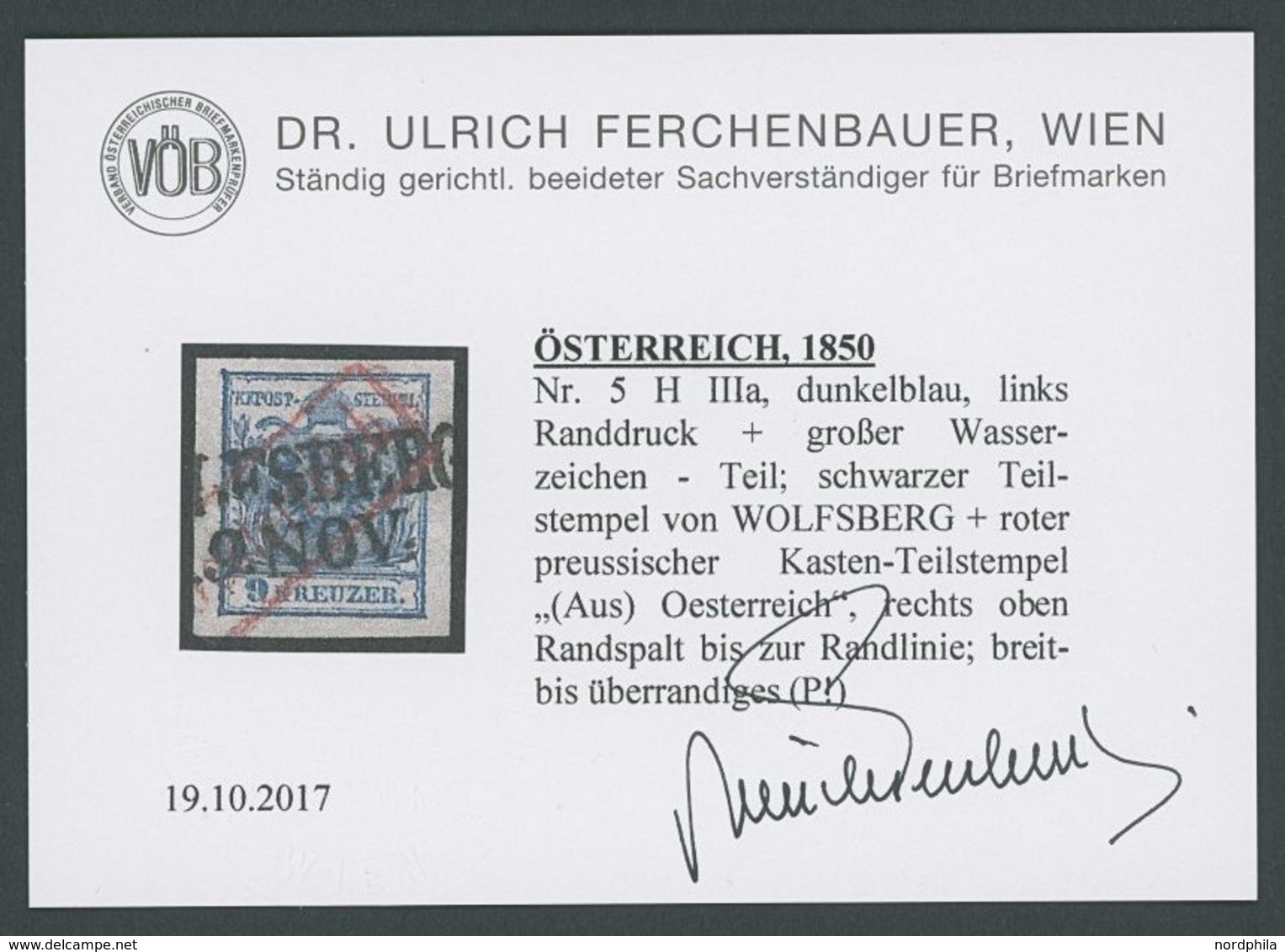 ÖSTERREICH 5X O, 1850, 9 Kr. Blau, Handpapier, Type IIIa, L2 Und Roter R1 Aus Österreich, Pracht, R! - Otros & Sin Clasificación