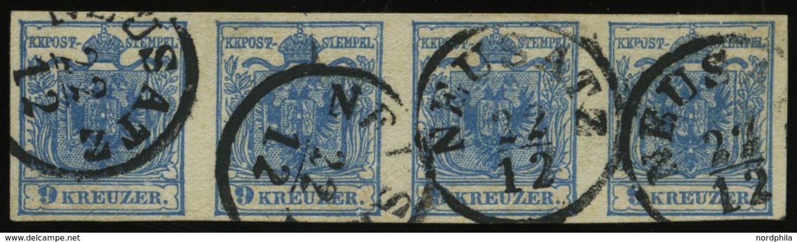 ÖSTERREICH 5Y O, 1854, 9 Kr. Blau, Maschinenpapier, Type IIIb, Im Waagerechten Viererstreifen, K1 NEUSATZ, Pracht, Fotoa - Autres & Non Classés