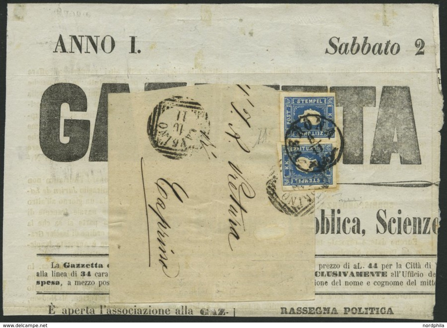 ÖSTERREICH 16a BrfStk, 1858, 1.05 Kr. Hellblau, Type I, 2x Auf Komplettem Adresszettel Und Zeitungskopfteil Der GAZZETTA - Autres & Non Classés