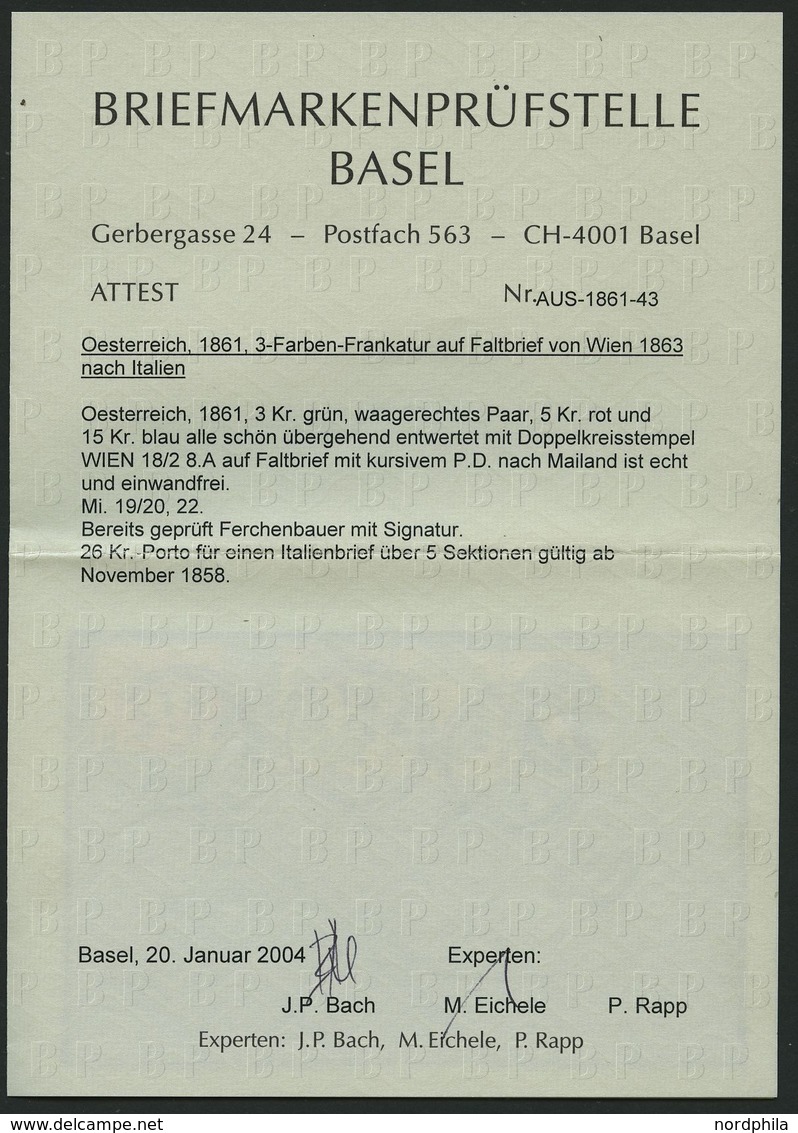 ÖSTERREICH 19 Paar,20,22 BRIEF, 1861, 3 Kr. Grün Im Waagerechten Paar, 5 Kr. Rot Und 15 Kr. Blau, Dreifarbenfrankatur Vo - Otros & Sin Clasificación