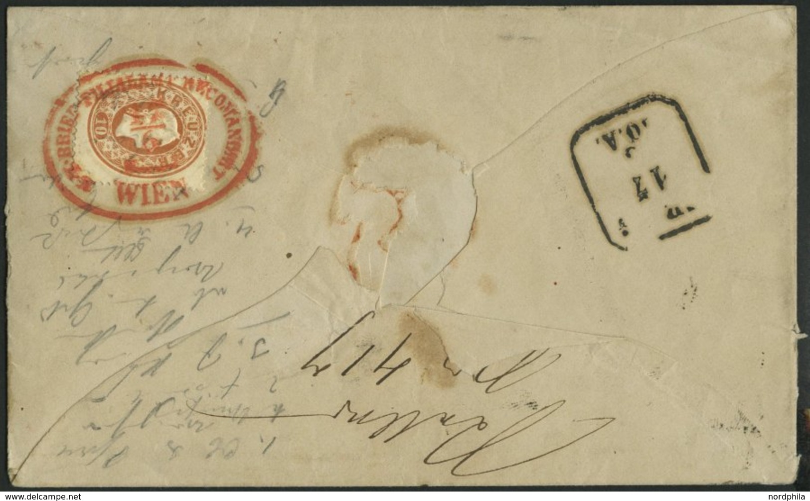 ÖSTERREICH 21/2 BRIEF, 1860, 15 Kr. Blau Und Rückseitiges Reco-Porto 1o Kr. Braun Auf Brief Mit Roten Oval-K1 K.K. BRIEF - Otros & Sin Clasificación