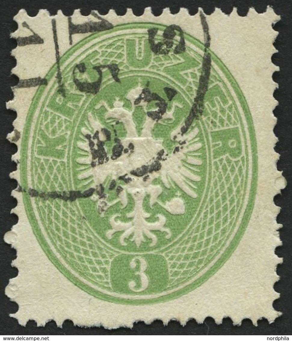 ÖSTERREICH 25 O, 1863, 3 Kr. Grün, Ca. 4-5 Ausgefallene Zähnungslöcher, K1, Pracht - Sonstige & Ohne Zuordnung