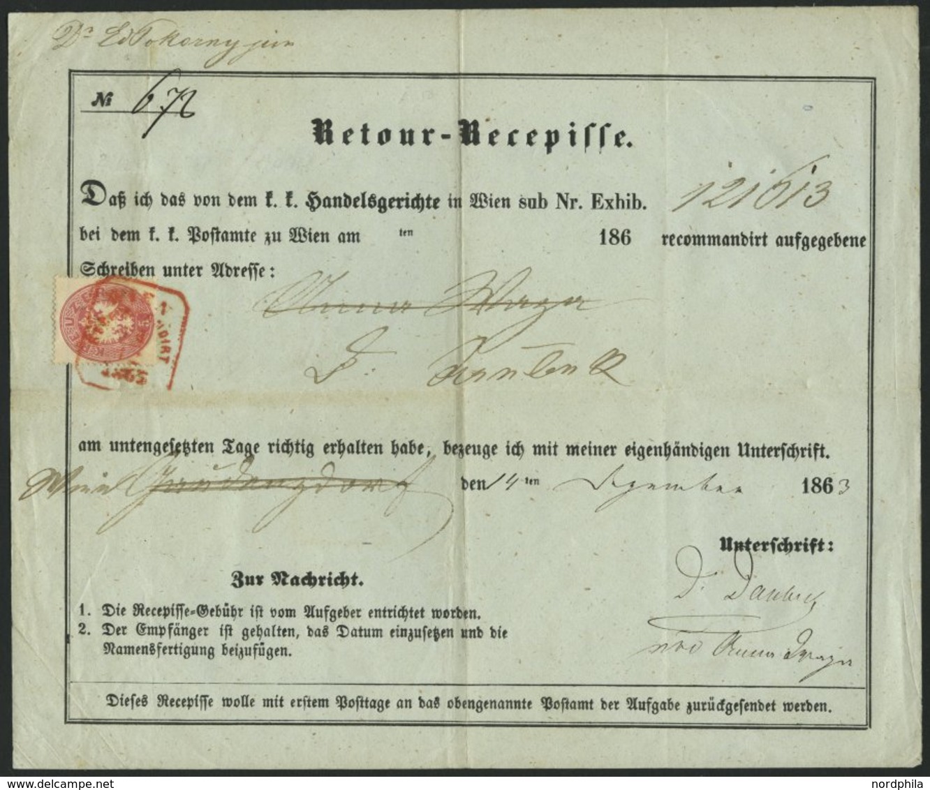 ÖSTERREICH 26 BRIEF, 1863, 5 Kr. Rosa Auf Retour-Recepisse Mit Rotem R5 WIEN RECOMMANDIRT, Pracht - Otros & Sin Clasificación