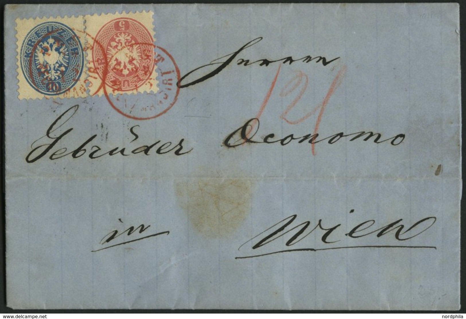 ÖSTERREICH 32/3 BRIEF, 1865, 5 Kr. Rosa, 10 Kr. Blau Und Rückseitiges Reco-Porto 10 Kr. Blau (defekt) Auf Brief Mit Rote - Otros & Sin Clasificación