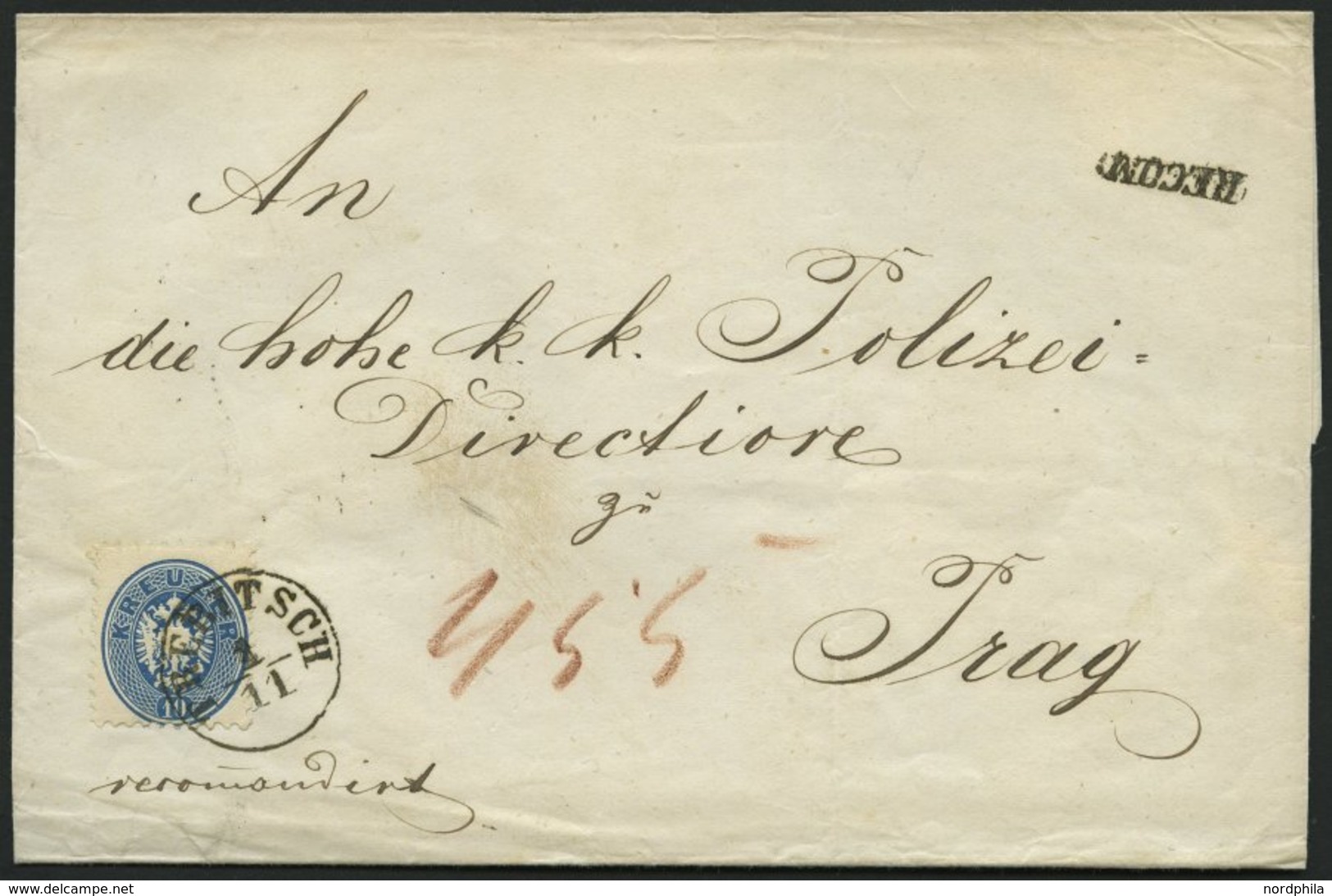 ÖSTERREICH 33 BRIEF, 1863, 10 Kr. Blau Und Rückseitiges Reco-Porto 10 Kr. Blau (defekt) Auf Brief Von TREBITSCH Nach Pra - Sonstige & Ohne Zuordnung