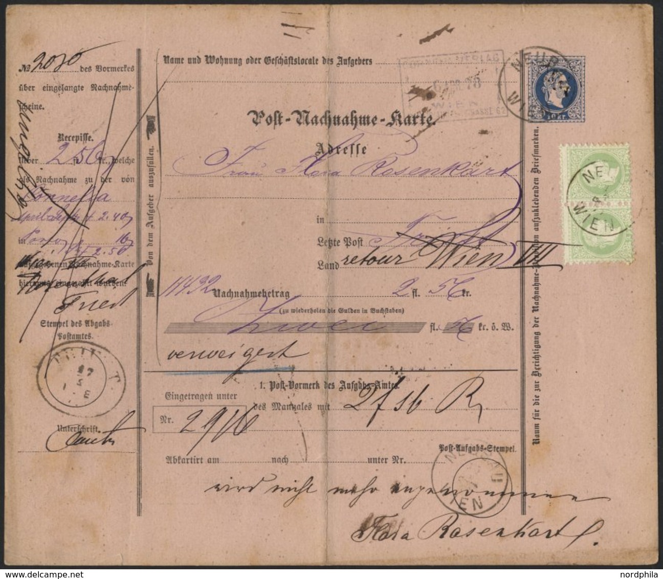 ÖSTERREICH 36II Paar BRIEF, 1878, 3 Kr. Grün, Feiner Druck, Im Waagerechten Paar Auf Vollständiger 10 Kr. Blau Post-Nach - Sonstige & Ohne Zuordnung