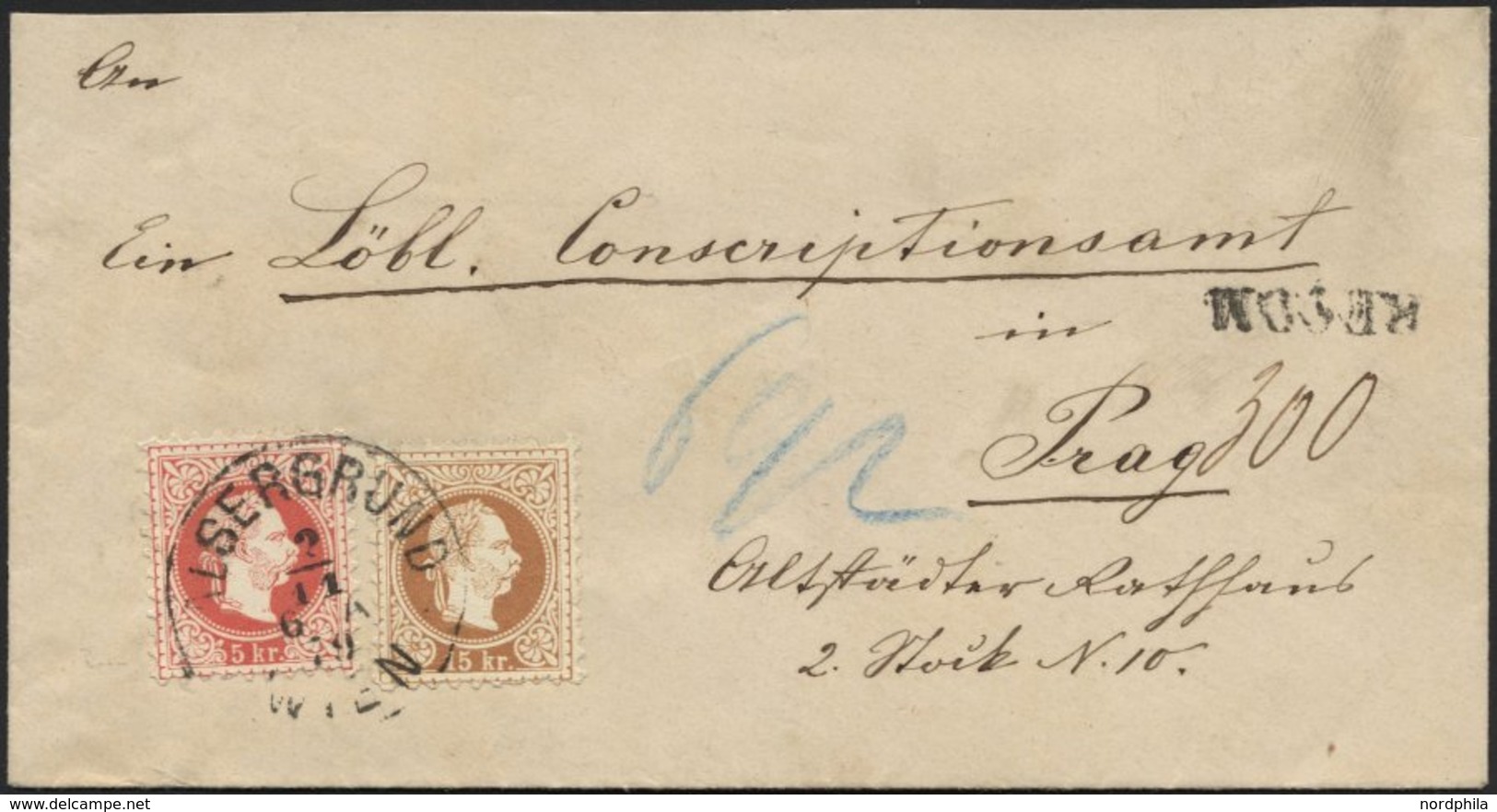 ÖSTERREICH 37II,39II BRIEF, 1879, 5 Kr. Rot Und 15 Kr. Braun, Feiner Druck, Auf Reco-Brief Von WIEN ALSERGRUND Nach Prag - Other & Unclassified