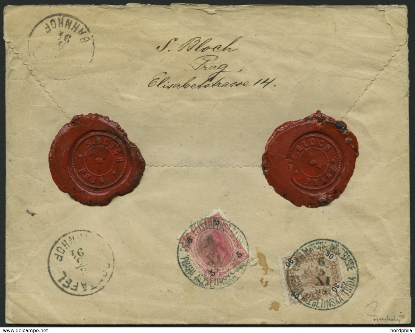 ÖSTERREICH 53,65 BRIEF, 1894, 5 Kr. Mittelkarmin/schwarz Und 30 Kr. Mattsiena/schwarz, Rückseitig Auf Wertbrief Mit K1 E - Autres & Non Classés