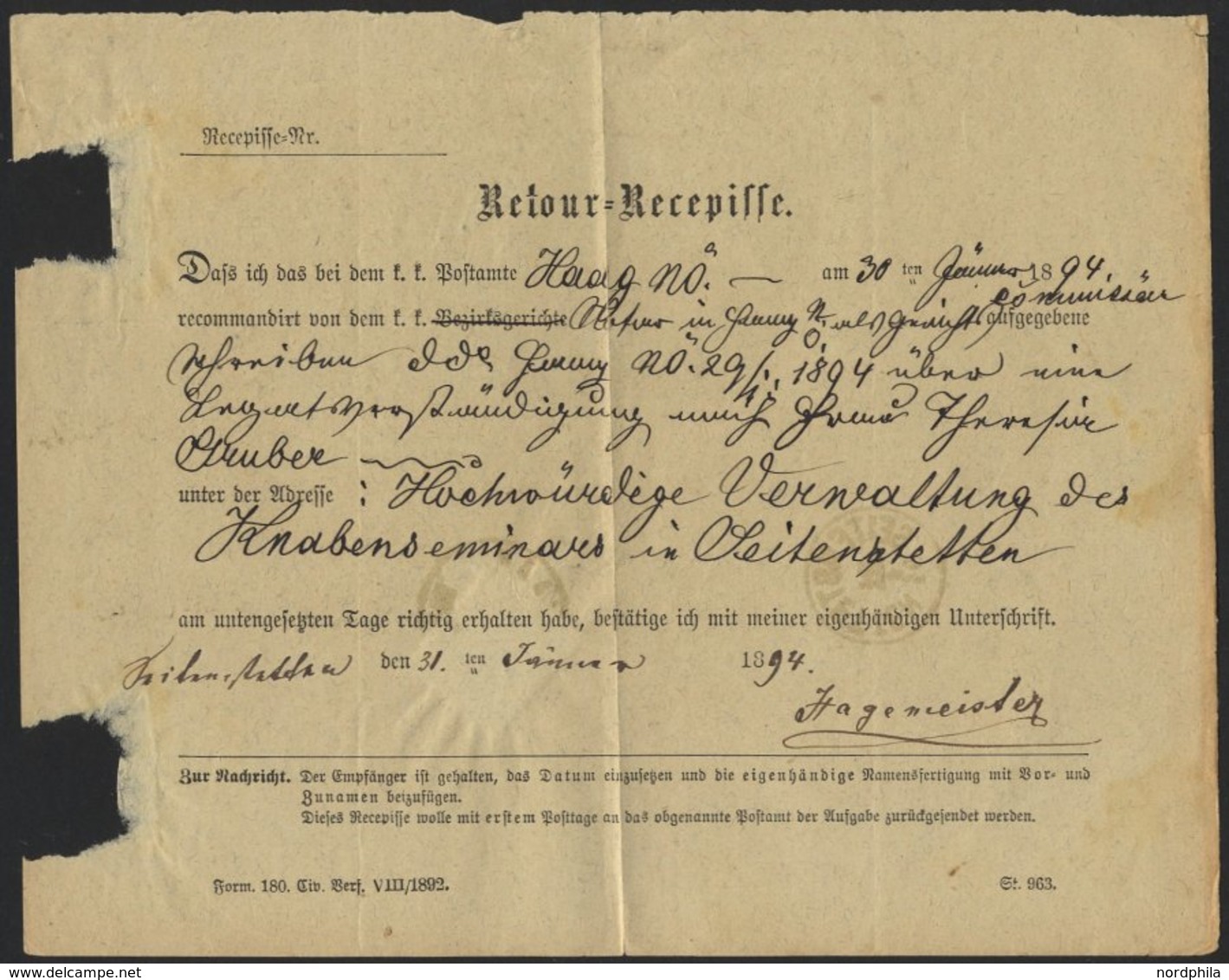 ÖSTERREICH 54 BRIEF, 1894, 10 Kr. Franz Joseph Auf Vordruck Retour Recepisse Von HAAG (K1) Nach SEITEN STETTIN (K1), Fei - Sonstige & Ohne Zuordnung