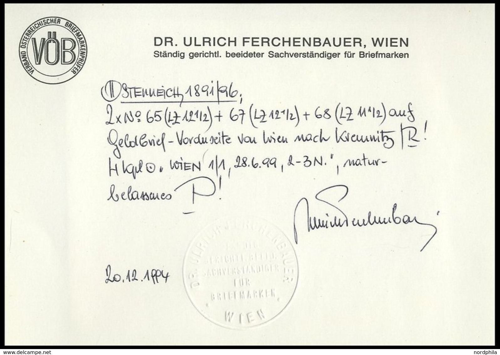 ÖSTERREICH 67/8 BrfStk, 1896, 1 G. Violettgrau Und 2 G. Grün Mit Zusatzfrankatur (Mi.Nr. 65 2x) Auf Geldbrief-Vorderseit - Other & Unclassified
