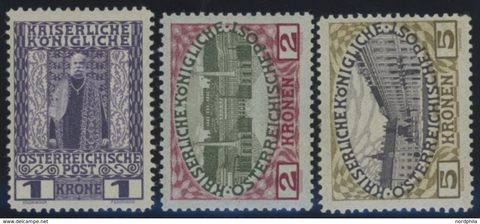 ÖSTERREICH 1867-1918 153-55 *, 1908, 1 - 5 Kr. Regierungsjubiläum, Falzreste, 3 Prachtwerte, Mi. 135.- - Autres & Non Classés