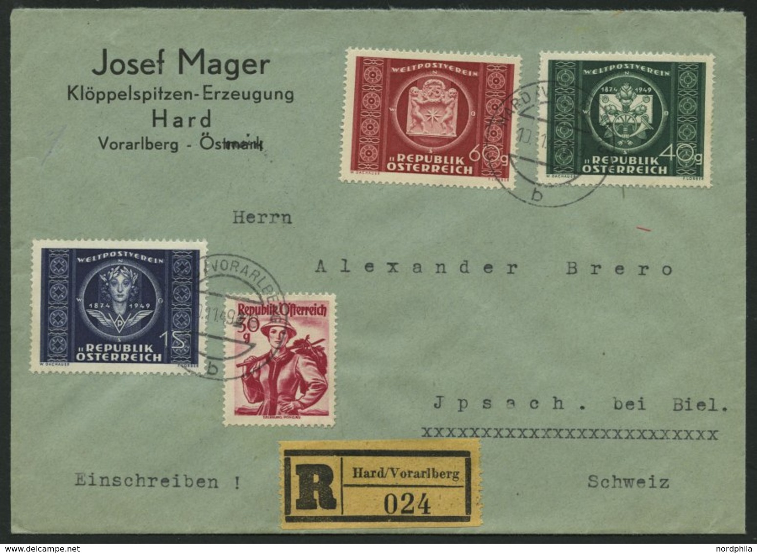 ÖSTERREICH 900,943-45 BRIEF, 1949, UPU Mit 30 Pf. Trachten Und Rückseitiger Zusatzfrankatur Auf Einschreibbrief Von HARD - Autres & Non Classés