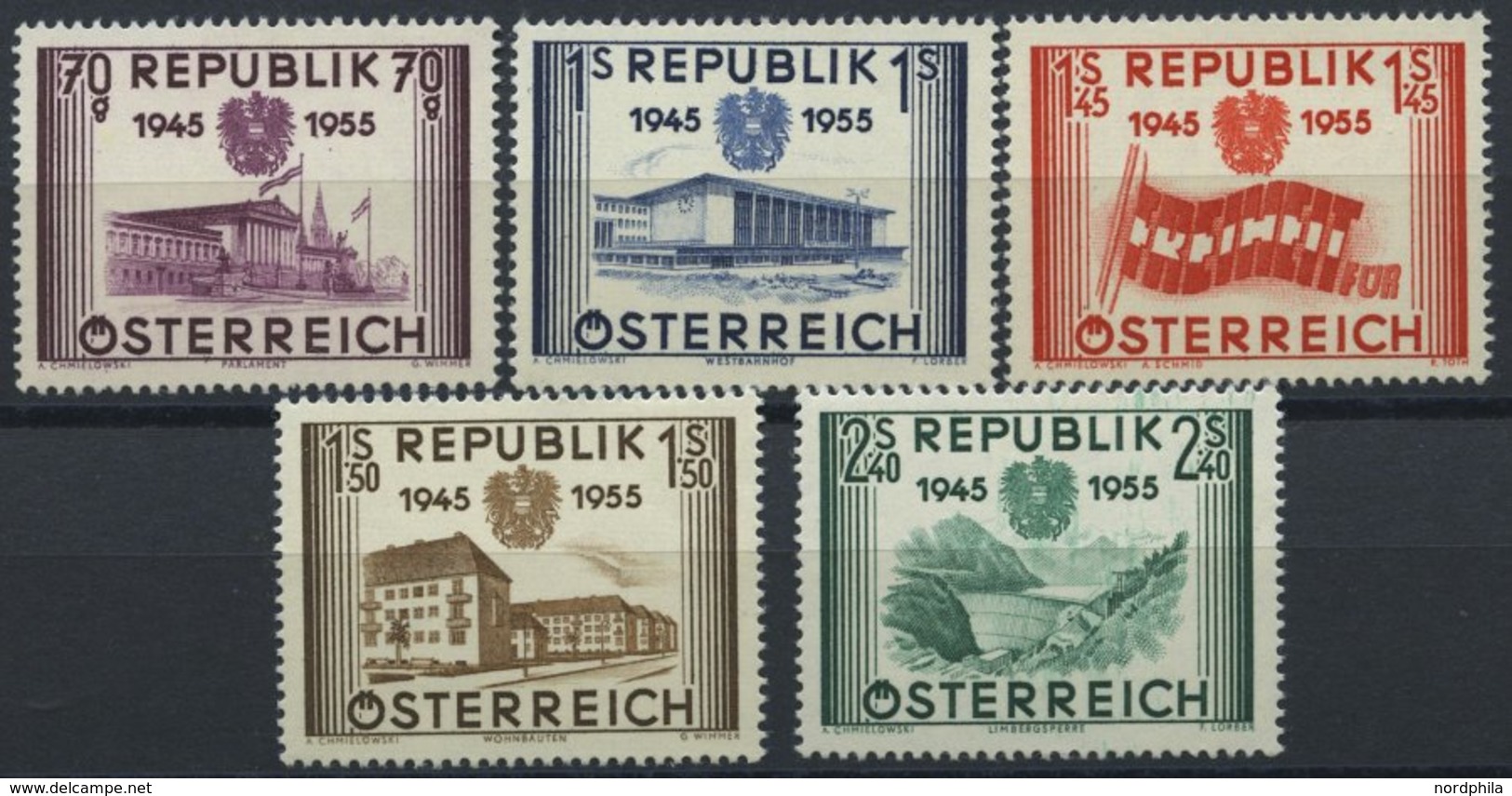 ÖSTERREICH 1012-16 **, 1955, Unabhängigkeit, Prachtsatz, Mi. 60.- - Usati