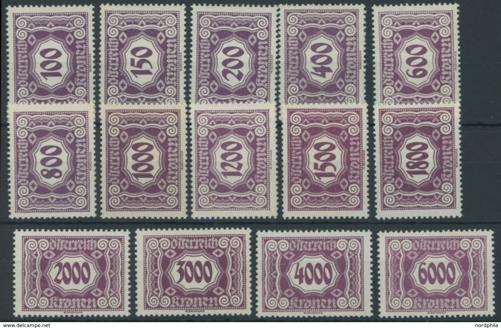 PORTOMARKEN P 118-31 **, 1922, 100 - 6000 Kr. Schwärzlichgraulila, Postfrischer Prachtsatz, Mi. 125.- - Taxe