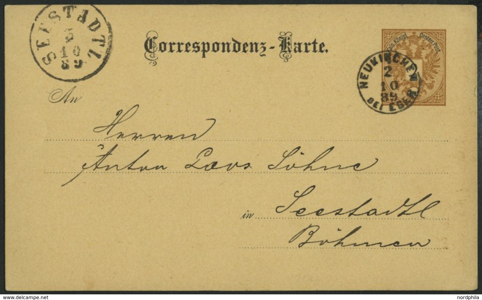GANZSACHEN P 43 BRIEF, 1889, 2 Kr. Braun, Karte (deutsch) Mit Fingerhut-K1 NEUKIRCHEN BEL EGER Nach Seestadt, Pracht - Other & Unclassified