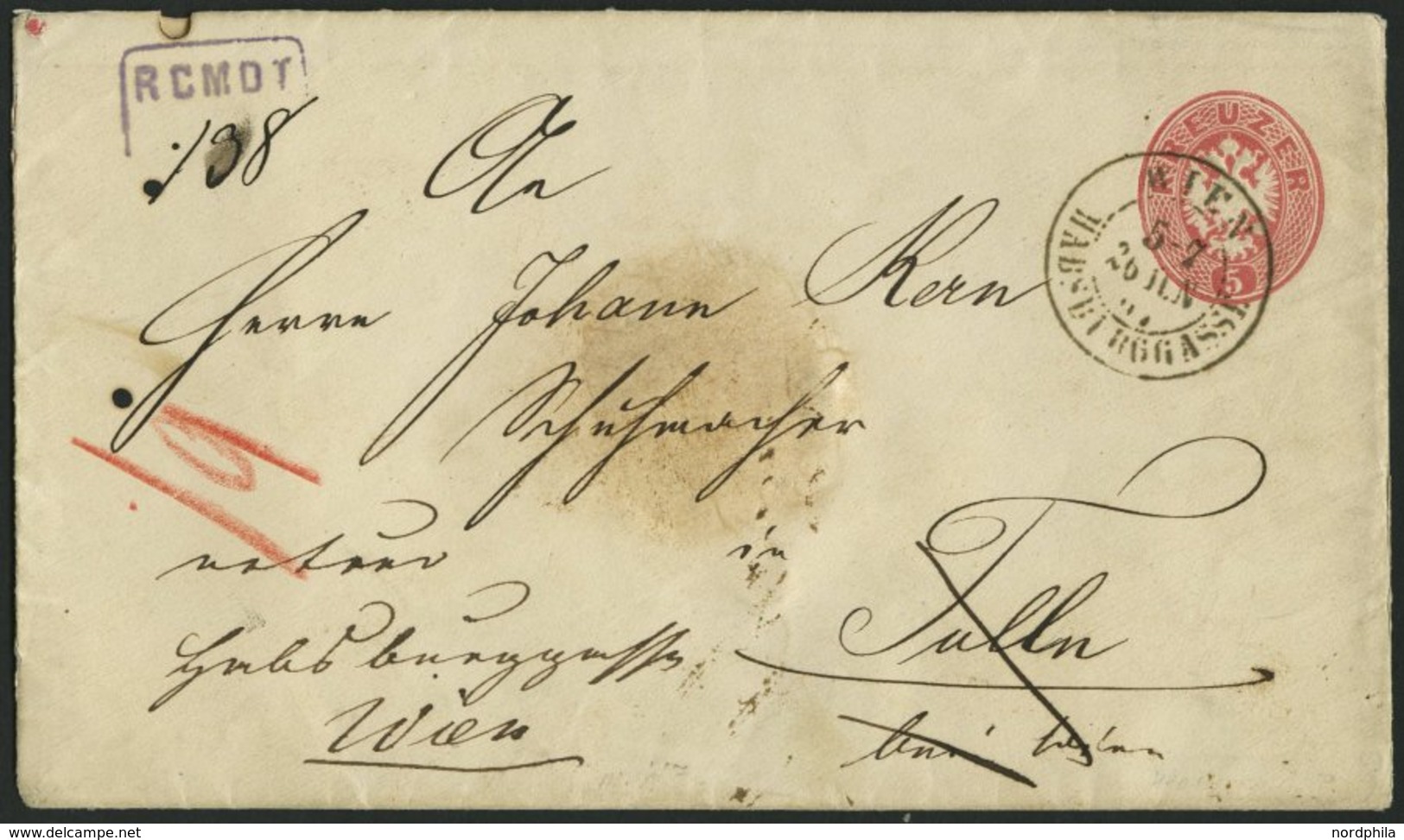 GANZSACHEN U 42,33 BRIEF, 1866, 5 Kr. Rot, Wz. 2, Umschlag Mit Rückseitigem Reco-Porto 10 Kr. Blau Von WIEN-HABSBURGGASS - Otros & Sin Clasificación