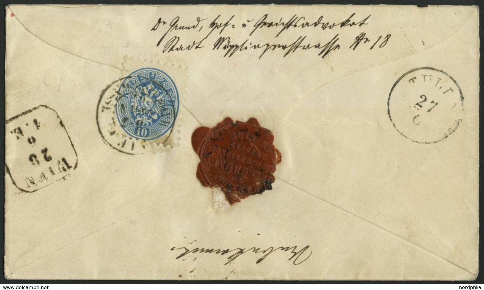 GANZSACHEN U 42,33 BRIEF, 1866, 5 Kr. Rot, Wz. 2, Umschlag Mit Rückseitigem Reco-Porto 10 Kr. Blau Von WIEN-HABSBURGGASS - Otros & Sin Clasificación