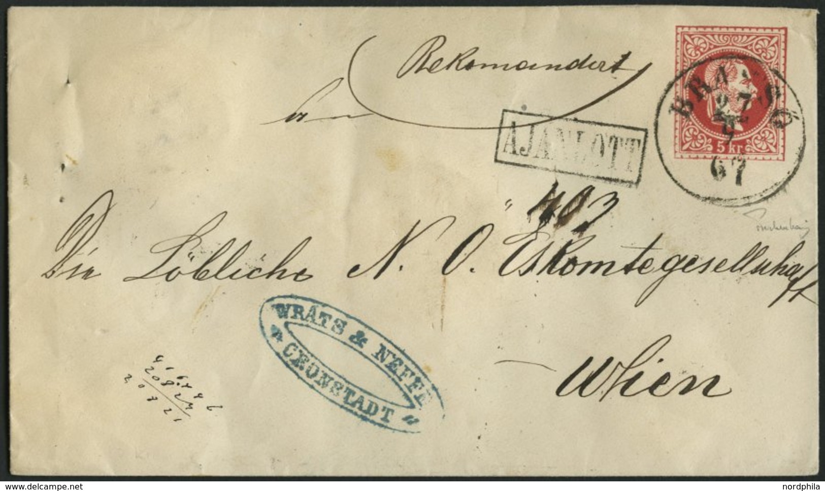 GANZSACHEN U 55,38I BRIEF, 1867, 5 Kr. Rot, Wz. 3 Umschlag Mit Rückseitigem Reco-Porto 10 Kr. Blau, Mit Ungarischem K1 B - Autres & Non Classés