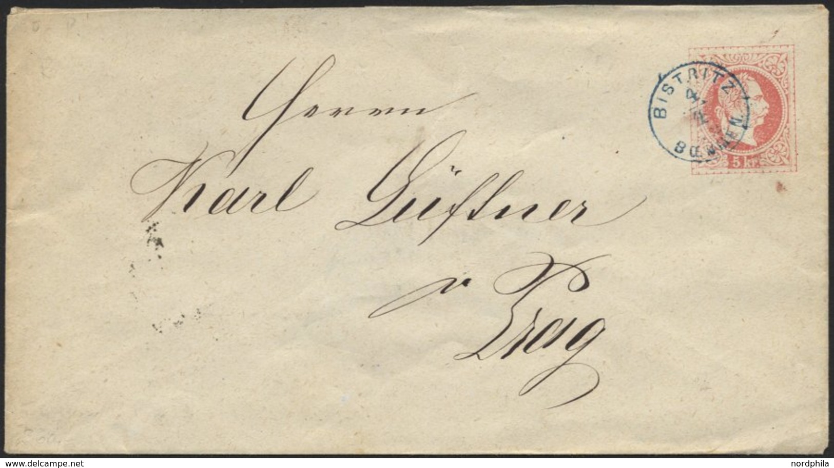 GANZSACHEN U 55 BRIEF, 1872, 5 Kr. Rot Mit Blauem Fingerhutstempel BISTRITZ BOEHMEN, Pracht - Sonstige & Ohne Zuordnung