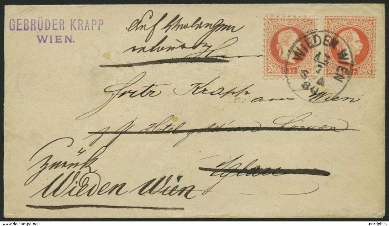 GANZSACHEN U 60I/37II BRIEF, 1880, 5 Kr. Rot, Wz. 3, Umschlag Mit Zusatzfrankatur 5 Kr. Rot, Feiner Druck, K1 WIEDEN WIE - Other & Unclassified