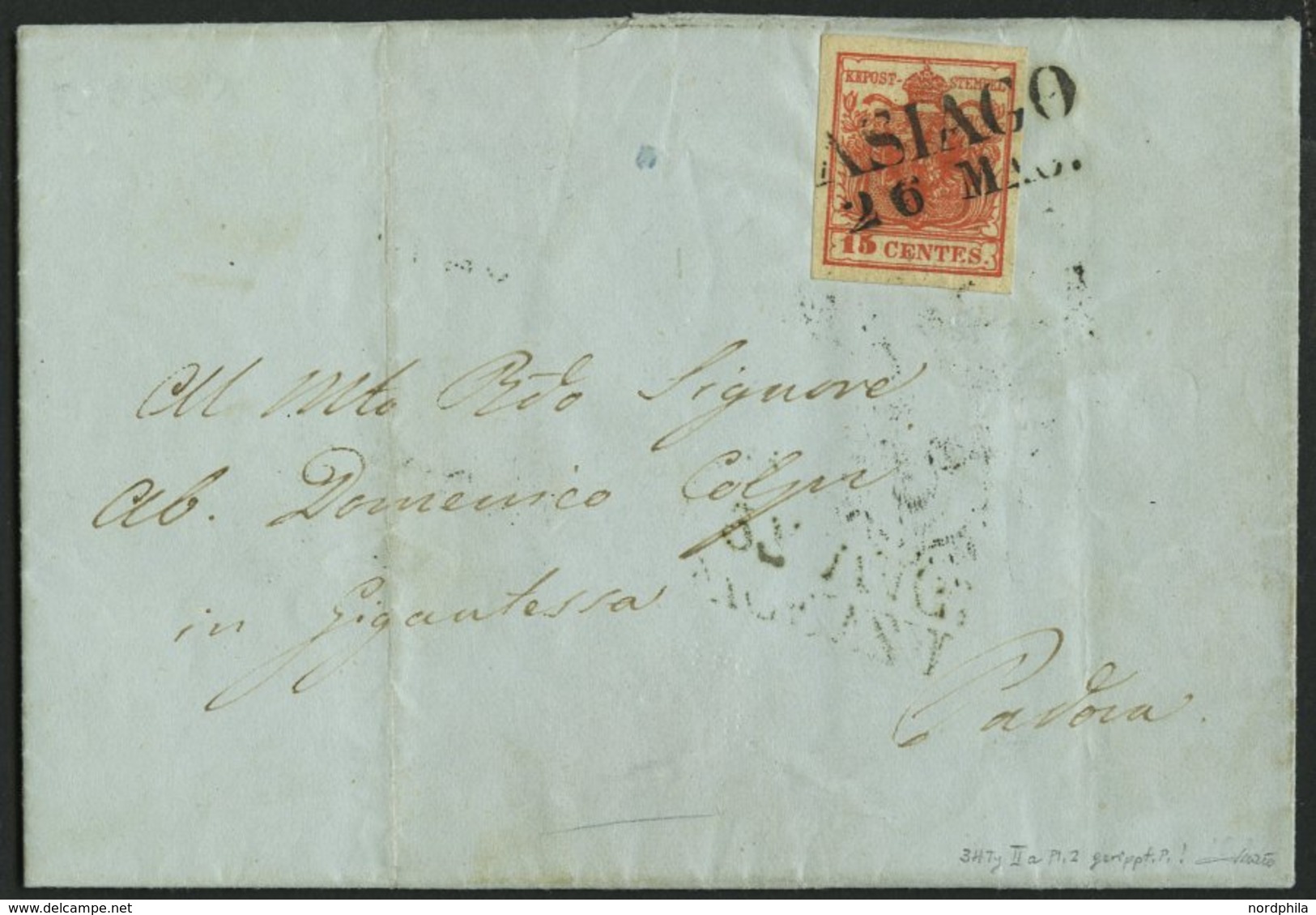 LOMBARDEI UND VENETIEN 3XR BRIEF, 1857, 15 C. Zinnoberrot, Handpapier, Type IIa, Geripptes Papier, L2 ASIAGO, Prachtbrie - Lombardy-Venetia