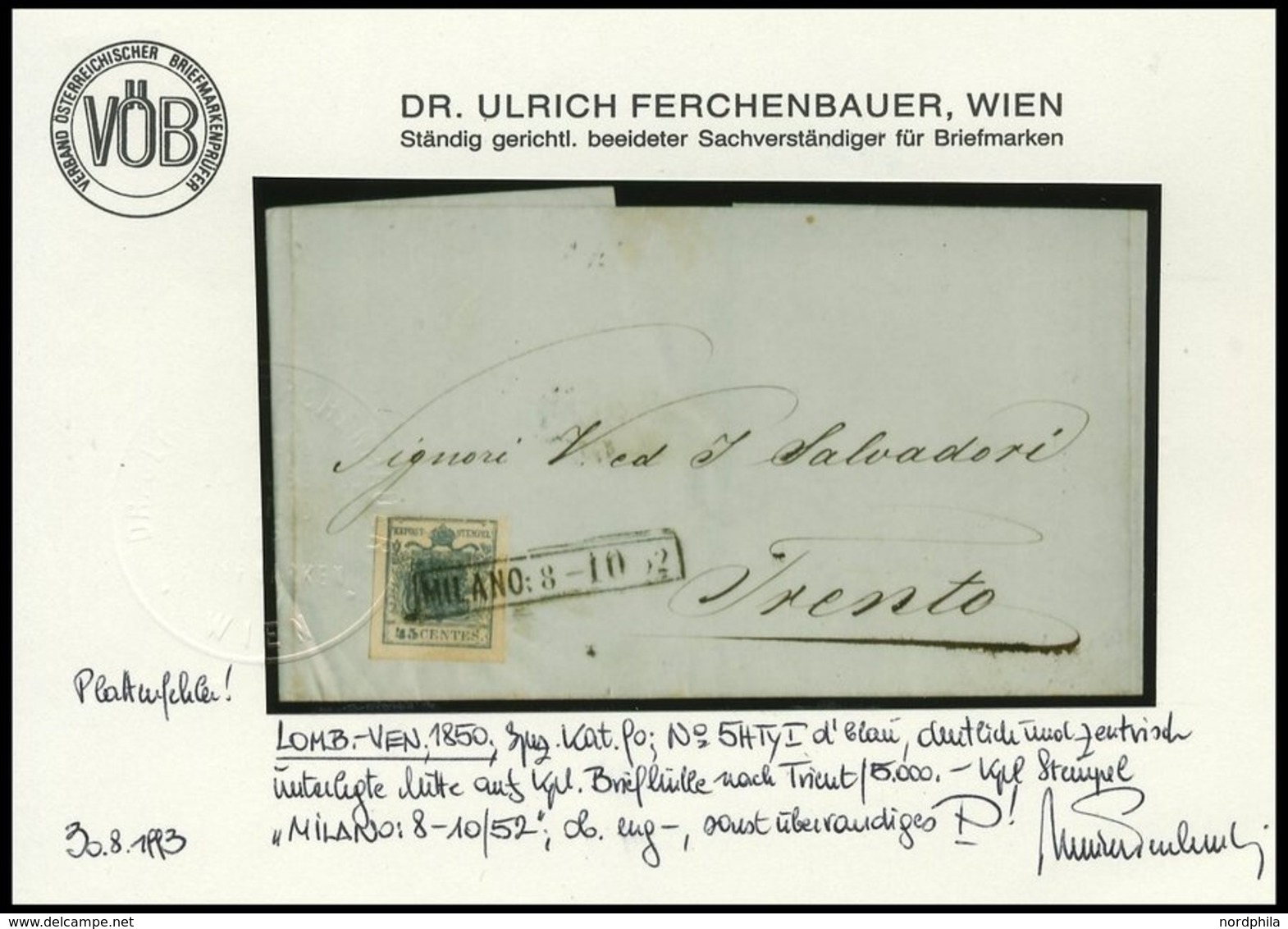 LOMBARDEI UND VENETIEN 5Xa BRIEF, 1850, 45 C. Dunkelblau, Handpapier, Type I, Deutlich Und Zentrisch Unterlegte Mitte, M - Lombardo-Venetien