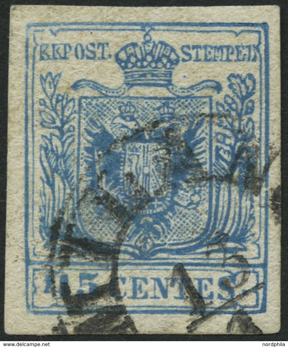 LOMBARDEI UND VENETIEN 5PFä O, 1850, 45 C. Blau Mailänder Postfälschung, Type II, K1 MILANO, Helle Stelle, Bildseitig Ka - Lombardo-Vénétie