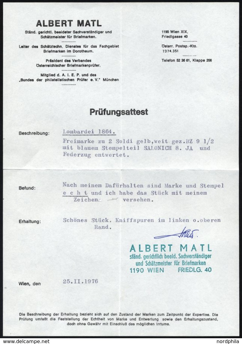 POST IN DER LEVANTE V 19 O, Vorläufer: 1864, 2 So. Gelb, Blauer L2 SALONICH Und Federzug, Belangloser Randknitter, Prach - Oriente Austriaco