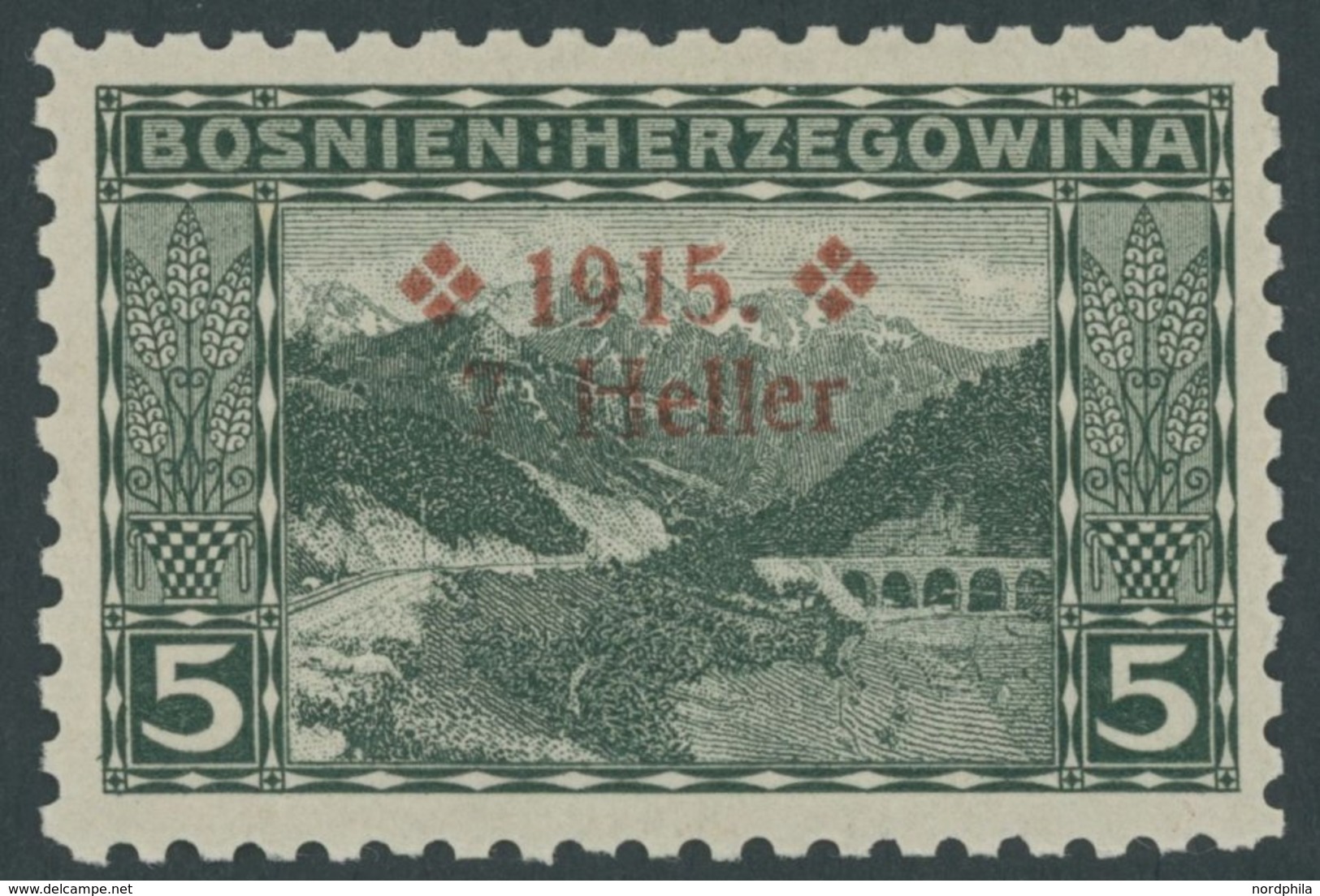 BOSNIEN UND HERZEGOWINA 91B **, 1915, 7 H. Auf 5 H. Dunkelgrün, Gezähnt L 91/4, Postfrisch, Pracht, Mi. 680.- - Bosnien-Herzegowina