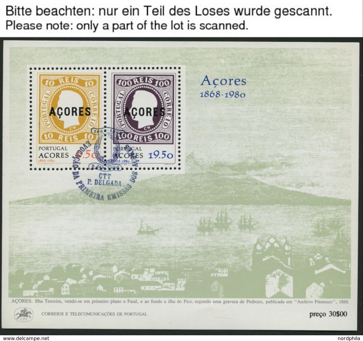 AZOREN Bl. 1 O, 1980, Block 112. Jahrestag Der Ersten Markenausgaben, 350x Mit Ersttags-Sonderstempel, Pracht, Mi. 1750. - Azores