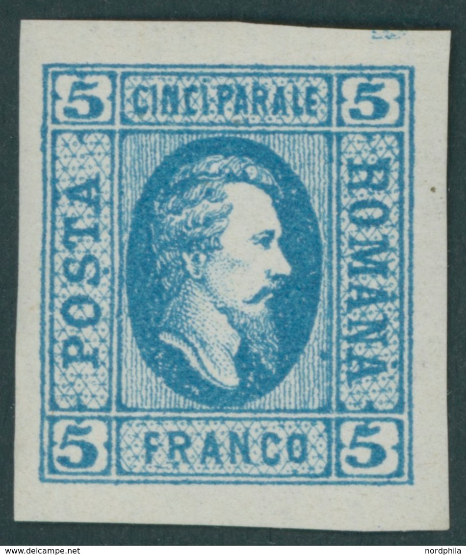 RUMÄNIEN 12y *, 1865, 5 Par. Blau, Senkrecht Gestreiftes Papier, Falzrest, Pracht, Mi. 120.- - Altri & Non Classificati