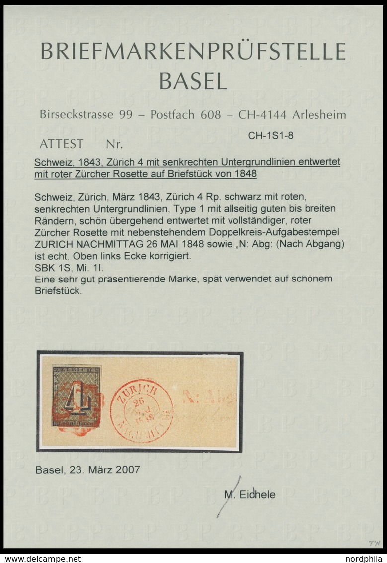 ZÜRICH 1I BrfStk, 1843, 4 Rp. Schwarz/dunkelbräunlichrot, Linienunterdruck Senkrecht, Type I, Mit Roter Rosette Auf Groß - 1843-1852 Federal & Cantonal Stamps