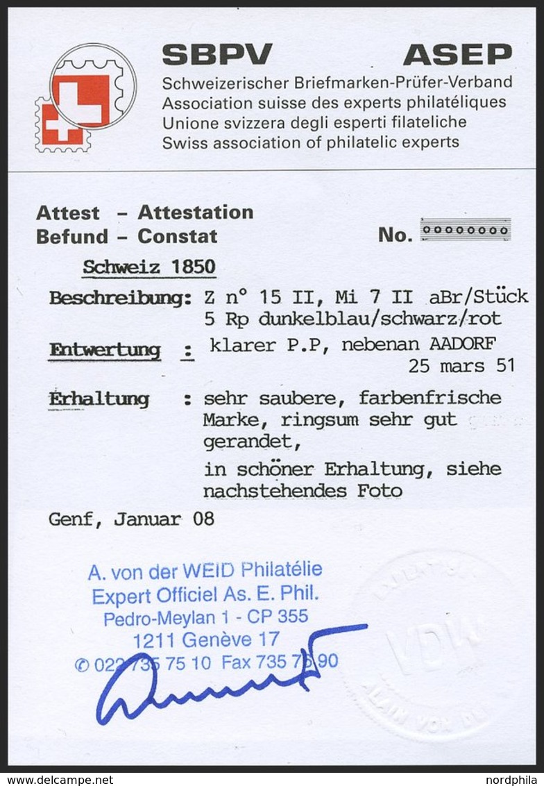 SCHWEIZ BUNDESPOST 7II BrfStk, 1850, 5 Rp. Schwarz/zinnoberrot Auf Blau, Ohne Kreuzeinfassung, Auf Großem Briefstück Mit - 1843-1852 Federal & Cantonal Stamps