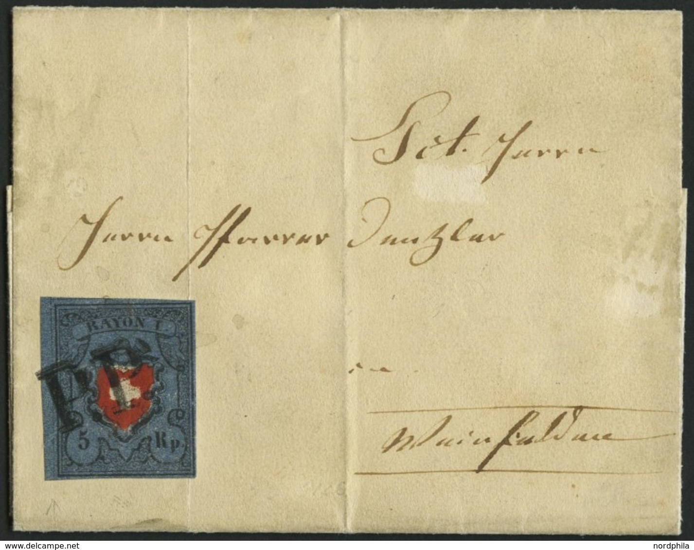 SCHWEIZ BUNDESPOST 7II BRIEF, 1851, 5 Rp. Schwarz/zinnoberrot Auf Blau, Ohne Kreuzeinfassung, Type 25, Mit Plattenfehler - 1843-1852 Kantonalmarken Und Bundesmarken