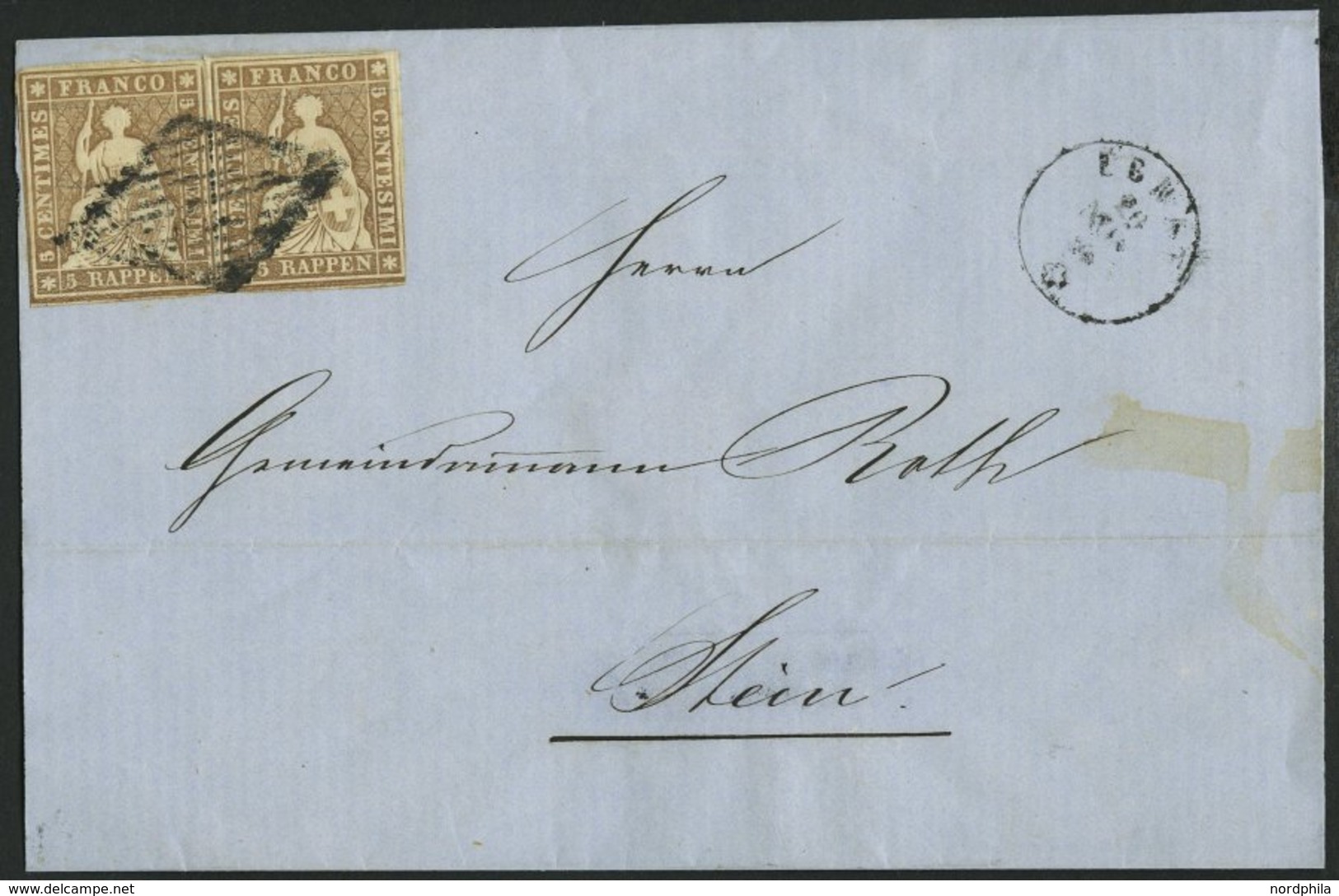 SCHWEIZ BUNDESPOST 13IIAym Paar BRIEF, 1854, 5 Rp. Graubraun, Berner Druck I, (Zst. 22Bb), Im Waagerechten, Meist Vollra - 1843-1852 Kantonalmarken Und Bundesmarken