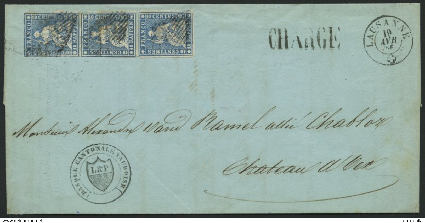 SCHWEIZ BUNDESPOST 14IIAym BRIEF, 1855, 10 Rp. Blau, Berner Druck I, (Zst. 23B), Im Senkrechten Paar Und Breitrandige Ei - 1843-1852 Kantonalmarken Und Bundesmarken