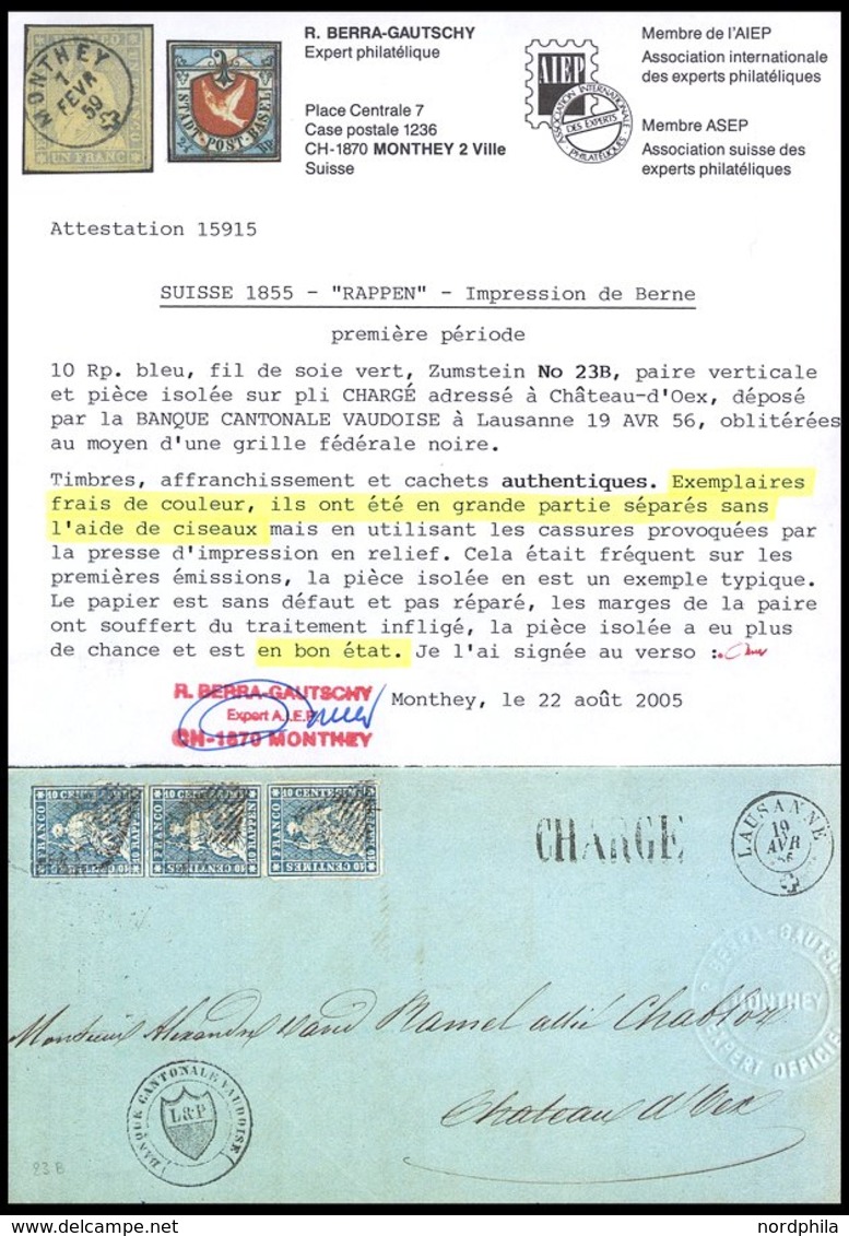 SCHWEIZ BUNDESPOST 14IIAym BRIEF, 1855, 10 Rp. Blau, Berner Druck I, (Zst. 23B), Im Senkrechten Paar Und Breitrandige Ei - 1843-1852 Poste Federali E Cantonali